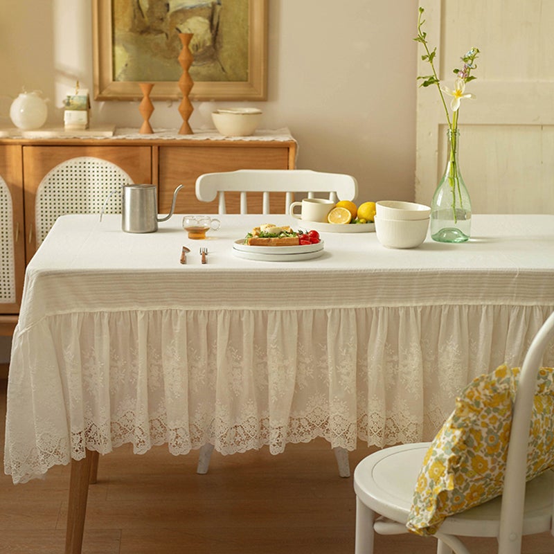 Treasure Macrame Lace Tablecloth - White Linen-Look Polyester, 70x180 Inches Rectangle - View #6